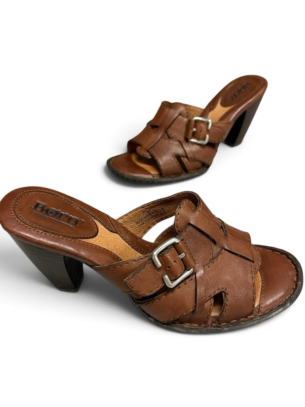 BORN LUCIA TAMARIND BROWN LEATHER STRAPPY CHUNKY HEELED BOHO SLIDE MULES SIZE 7